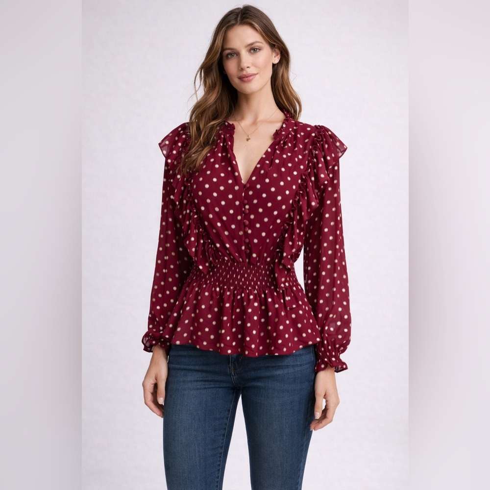 Yumi Kim Burgundy Polka Dot Ruffle Blouse‎ – NWOT